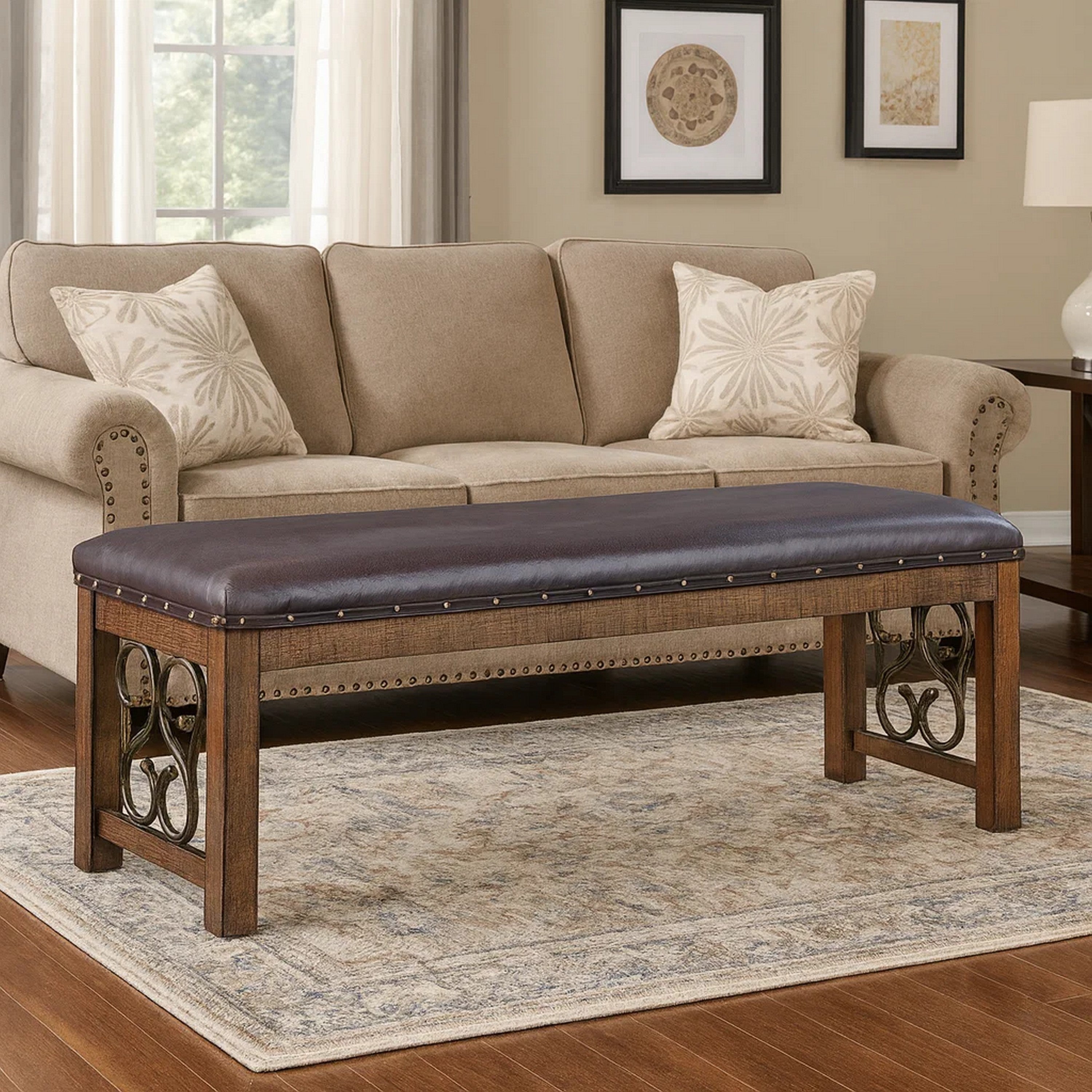 Benjara Ral 56 Inch Solid Wood Padded Bench, Metal Scroll Design, Nailhead, Brown