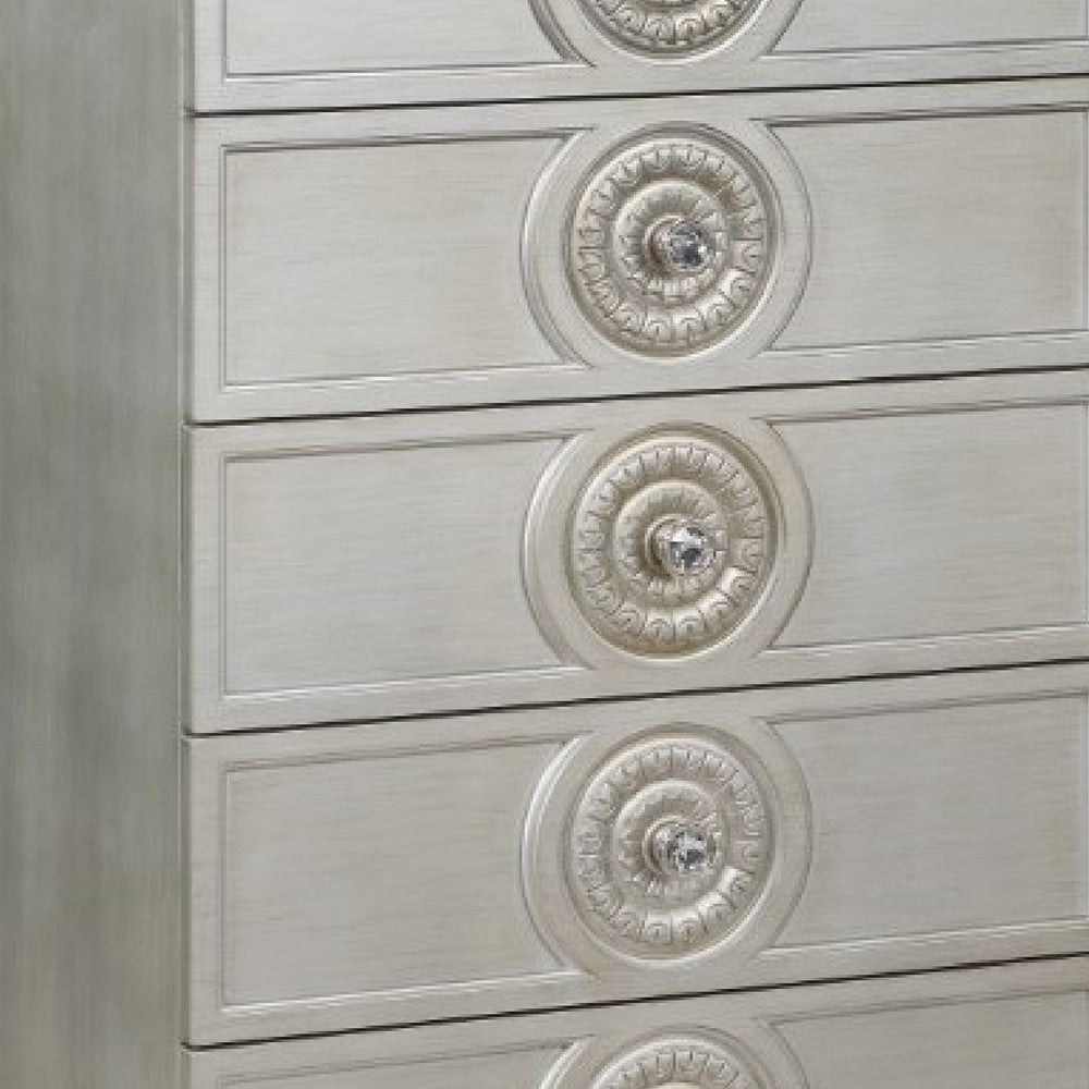 Benjara Nic 54 Inch Modern Tall Dresser Chest, 5 Drawers, Round Knobs, Silver