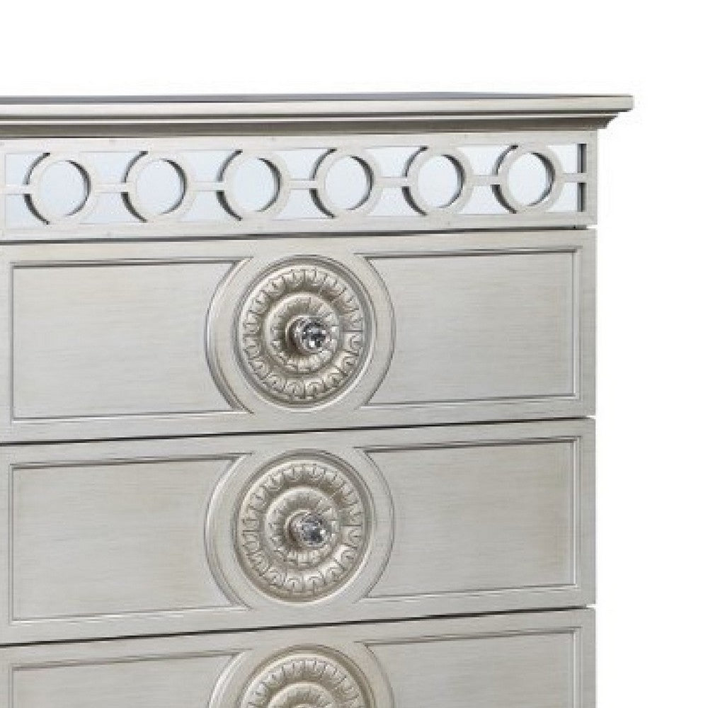 Benjara Nic 54 Inch Modern Tall Dresser Chest, 5 Drawers, Round Knobs, Silver