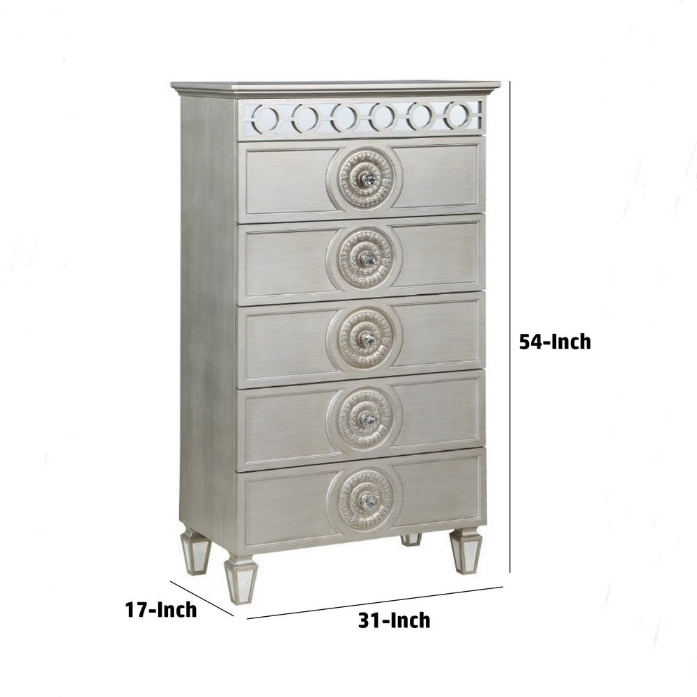 Benjara Nic 54 Inch Modern Tall Dresser Chest, 5 Drawers, Round Knobs, Silver
