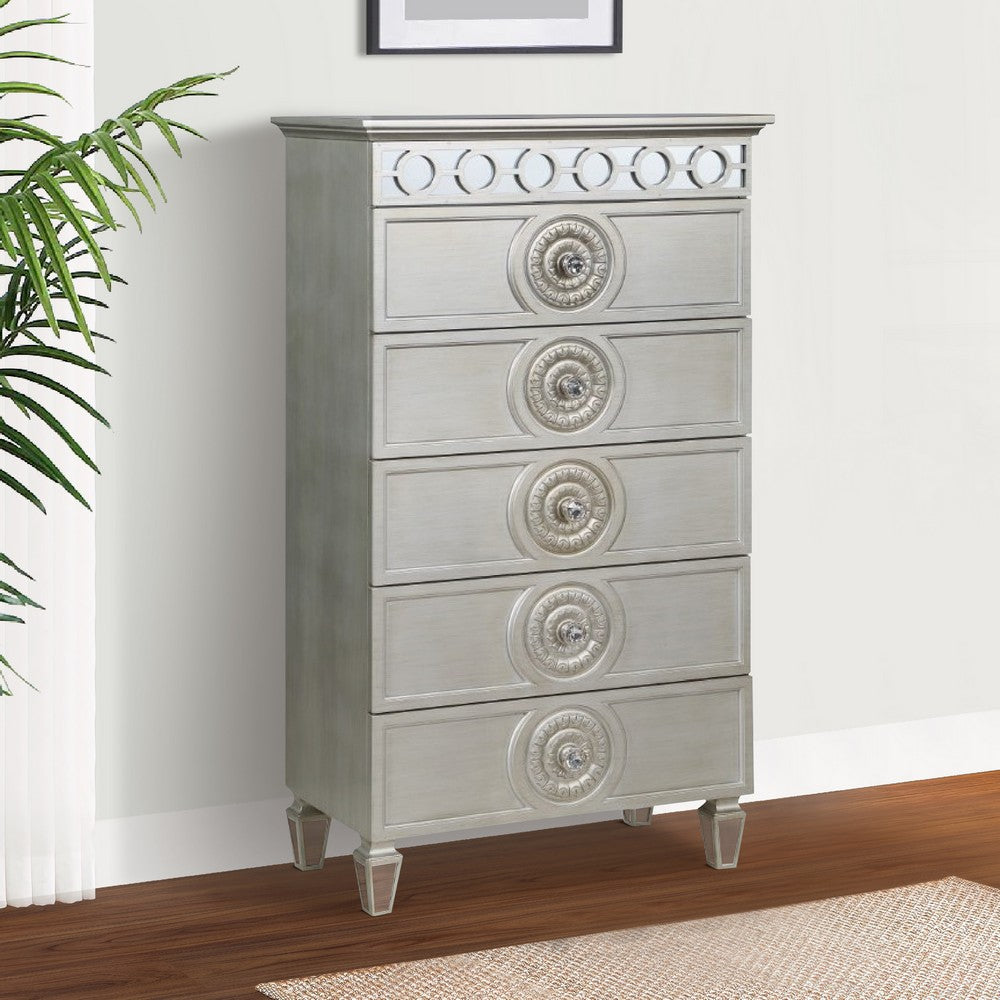 Benjara Nic 54 Inch Modern Tall Dresser Chest, 5 Drawers, Round Knobs, Silver