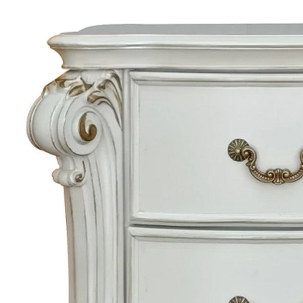 Benjara Jess 32 Inch Classic Nightstand, 2 Drawers, Molded Trim, Wood, White