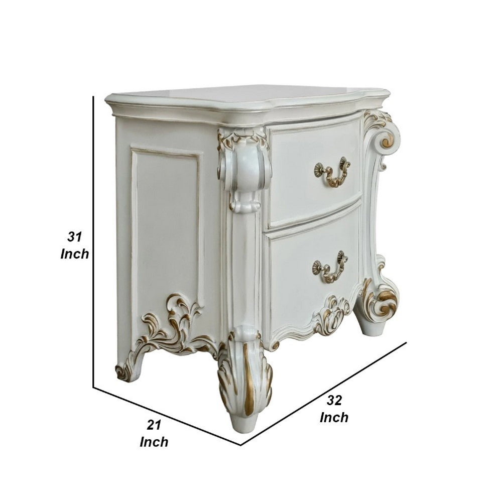 Benjara Jess 32 Inch Classic Nightstand, 2 Drawers, Molded Trim, Wood, White