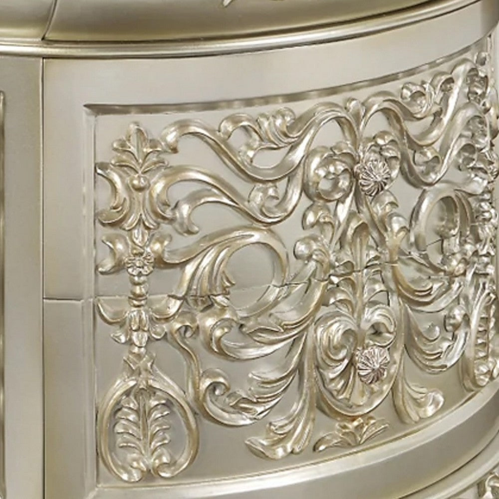 Benjara Isa 32 Inch Classic Nightstand, 2 Drawers, Ornate Carvings, Wood, Gold