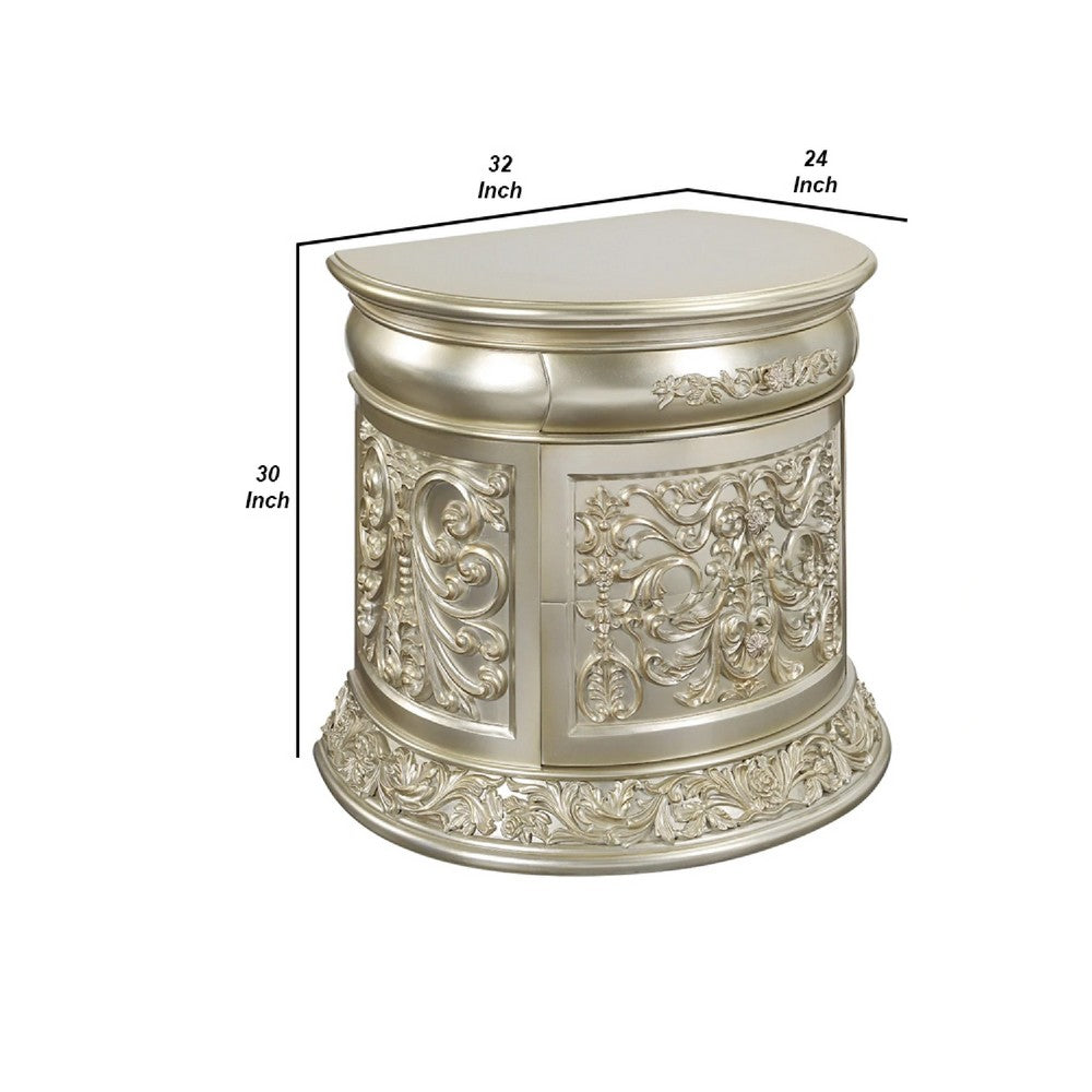 Benjara Isa 32 Inch Classic Nightstand, 2 Drawers, Ornate Carvings, Wood, Gold