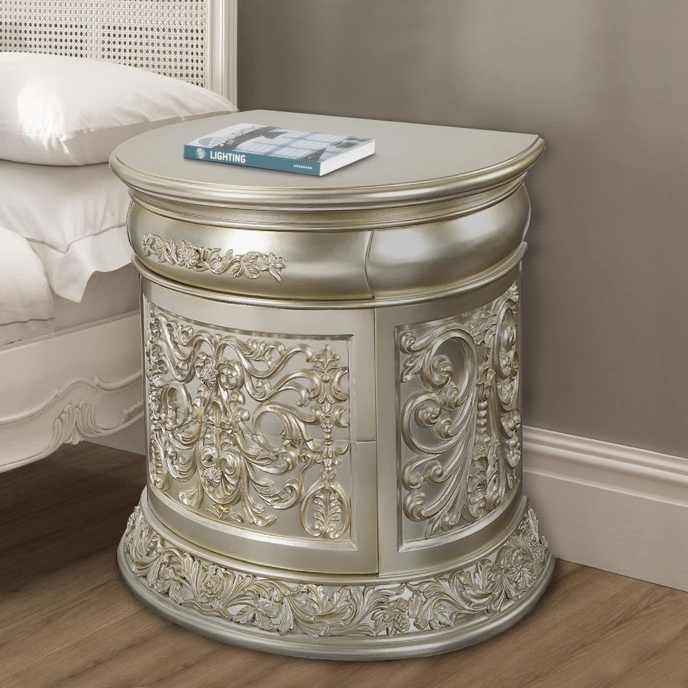 Benjara Isa 32 Inch Classic Nightstand, 2 Drawers, Ornate Carvings, Wood, Gold