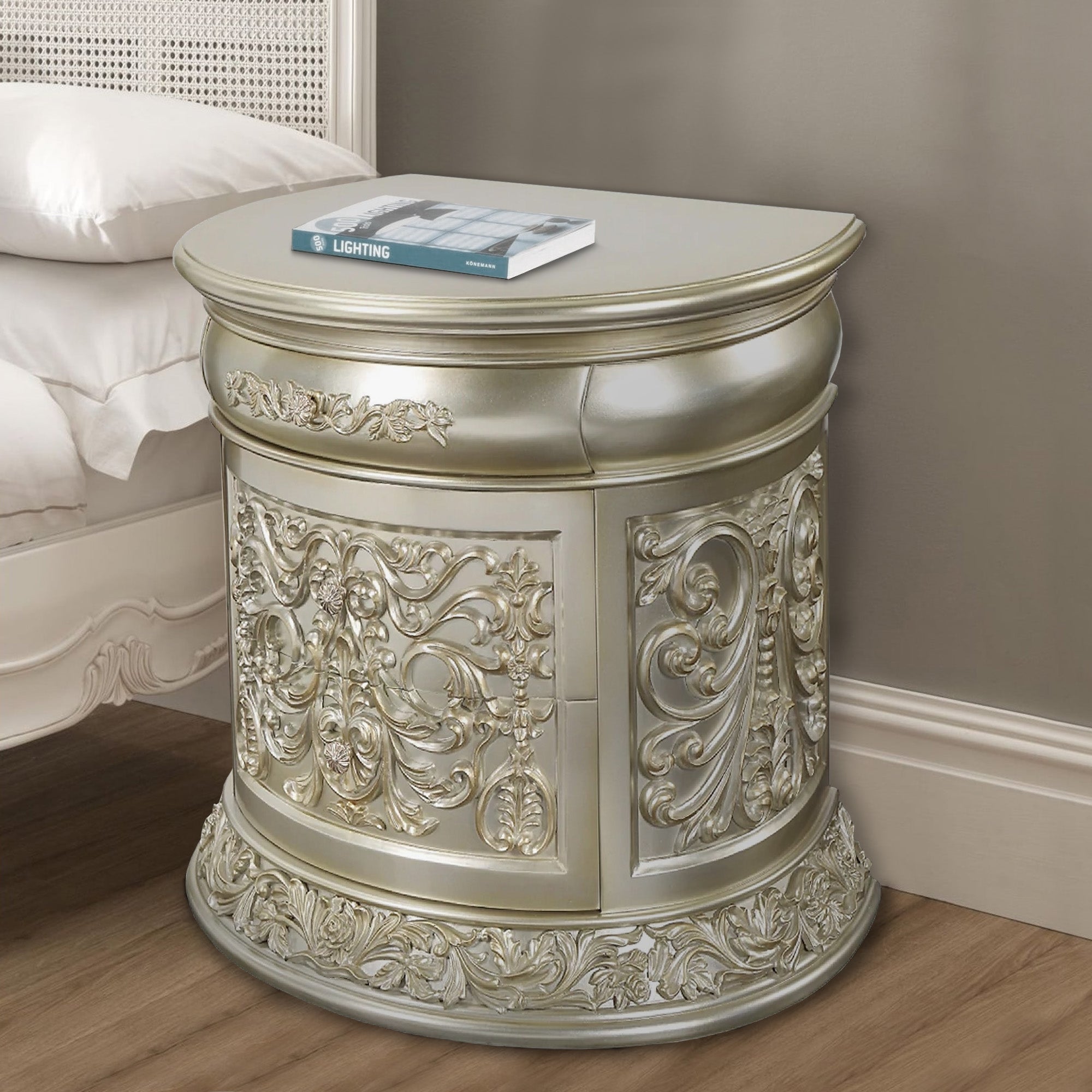Benjara Isa 32 Inch Classic Nightstand, 2 Drawers, Ornate Carvings, Wood, Gold