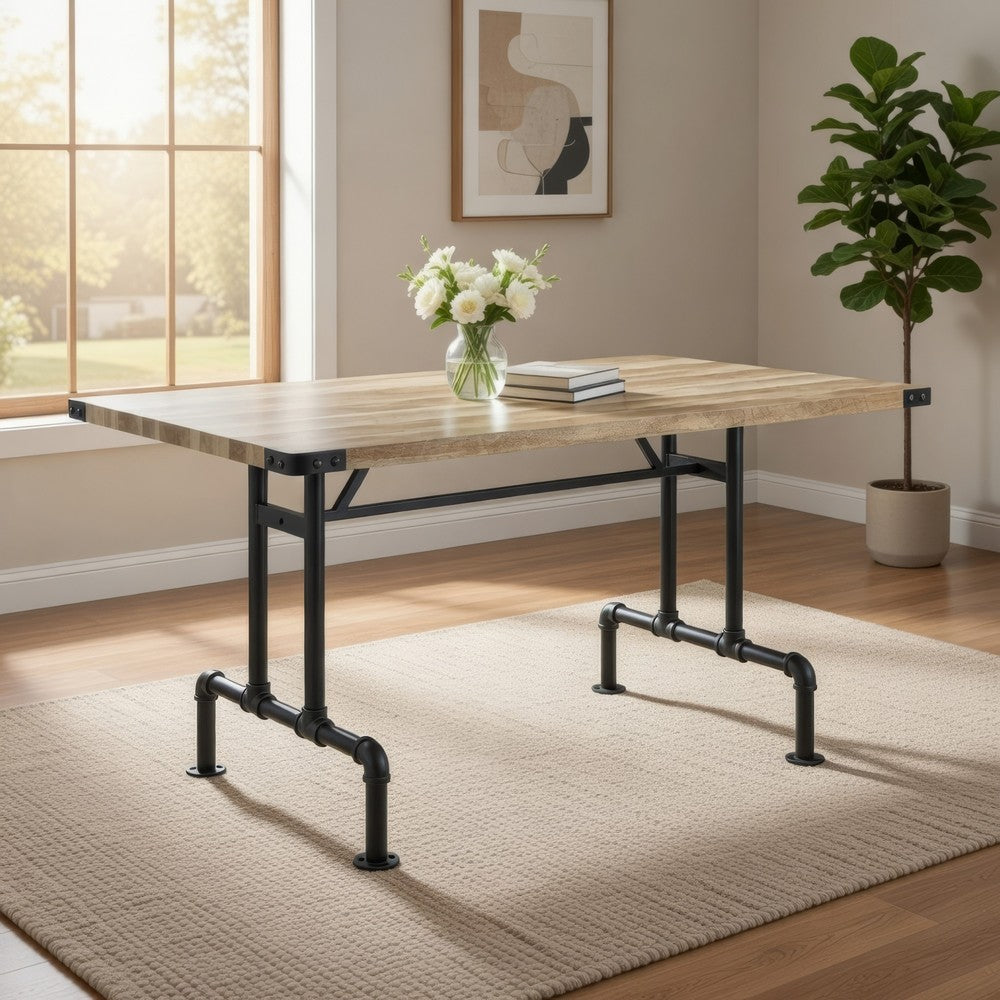Benjara Ada 64 Inch Solid Wood Dining Table, Metal Frame, Rectangular, Brown