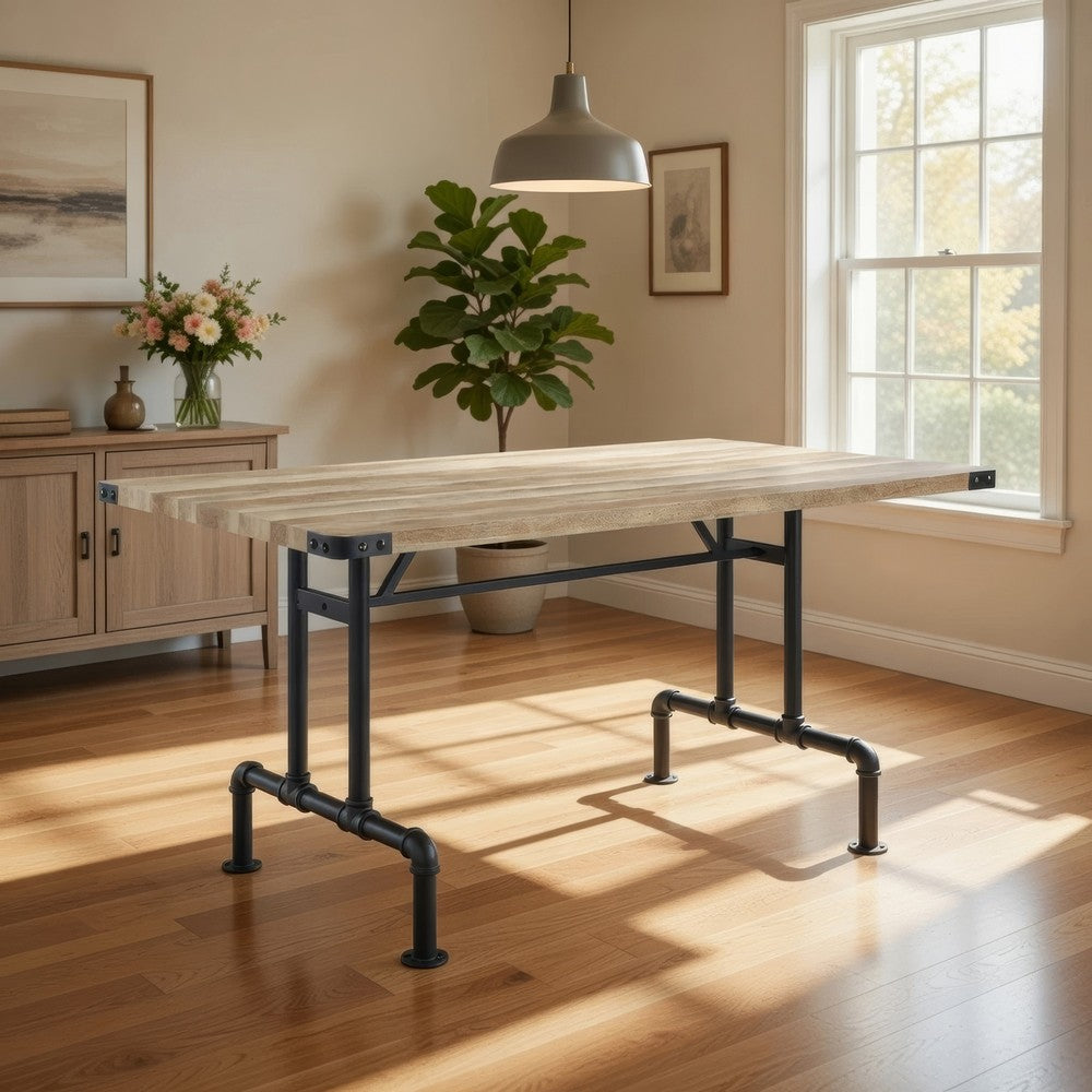 Benjara Ada 64 Inch Solid Wood Dining Table, Metal Frame, Rectangular, Brown