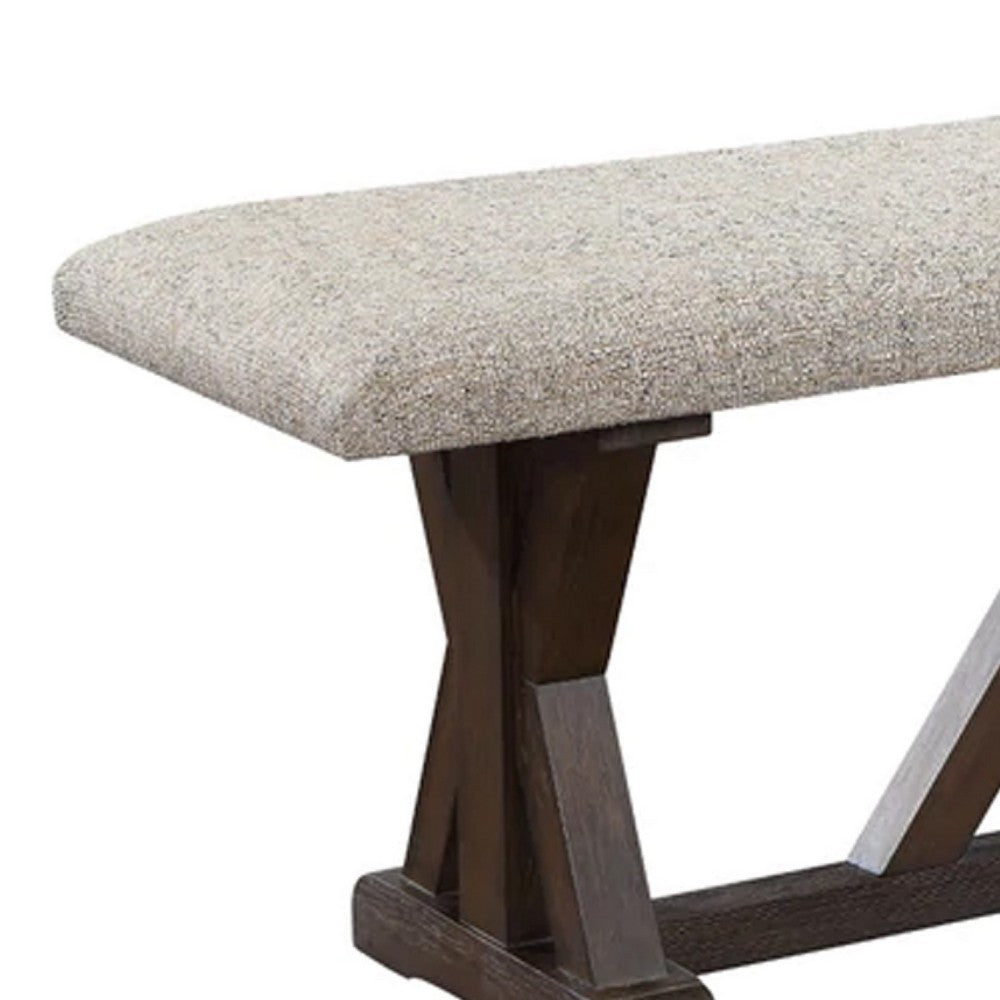 Benjara 60 Inch Bench, Padded Cushion, X Shaped Trestle Base, Gray, Oak Brown
