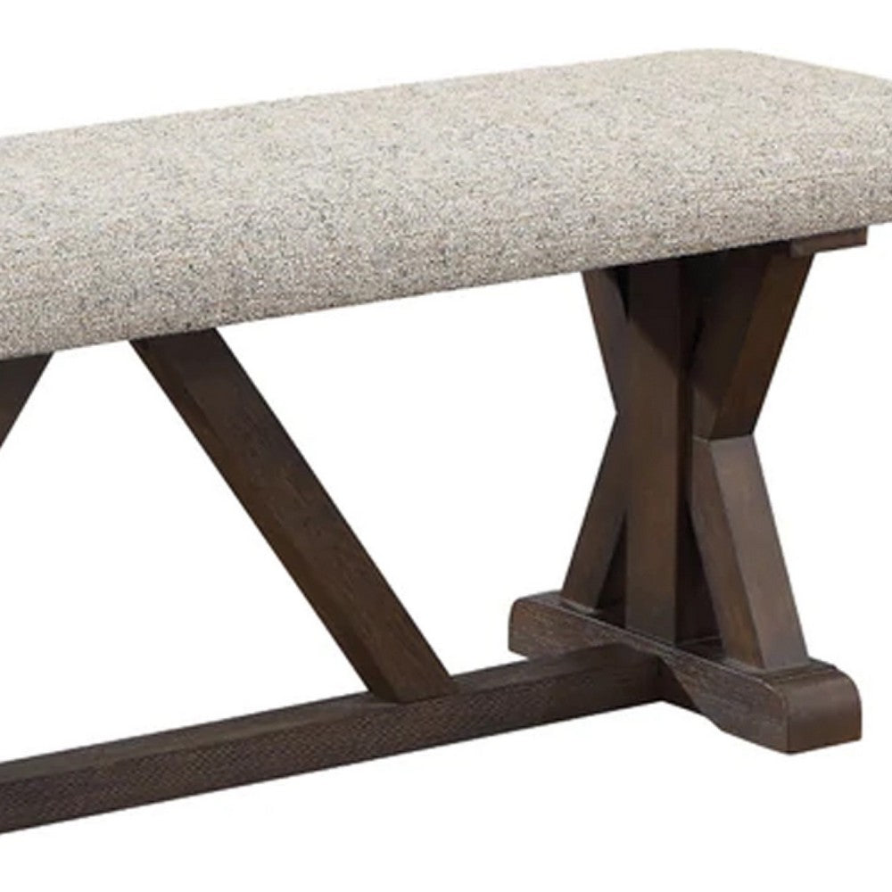 Benjara 60 Inch Bench, Padded Cushion, X Shaped Trestle Base, Gray, Oak Brown