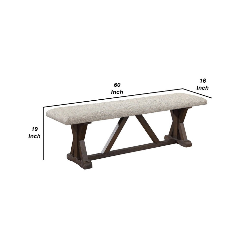 Benjara 60 Inch Bench, Padded Cushion, X Shaped Trestle Base, Gray, Oak Brown