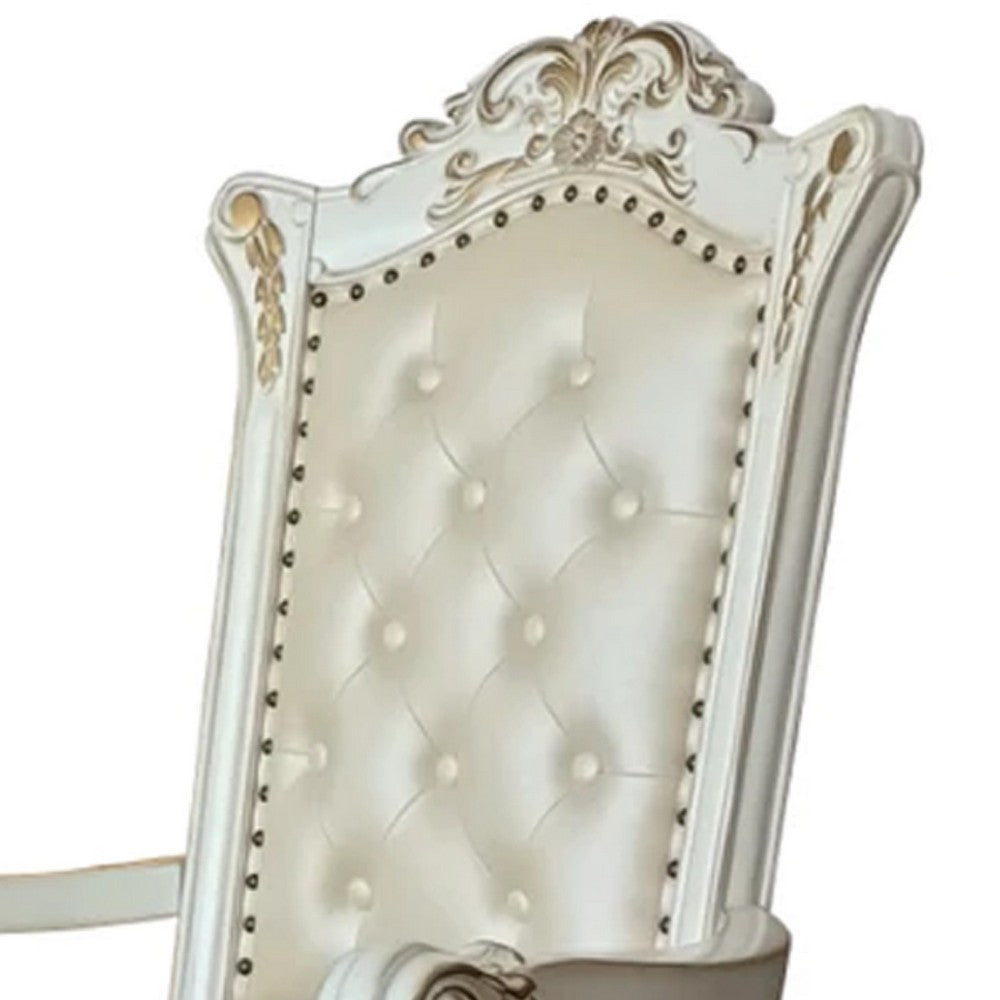 Benjara 27 Inch Classic Vegan Leather Armchair, Button Tufted, Carved, White