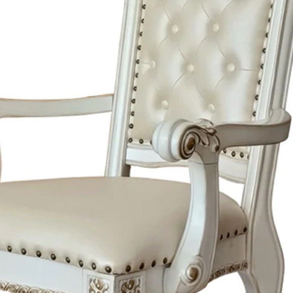 Benjara 27 Inch Classic Vegan Leather Armchair, Button Tufted, Carved, White