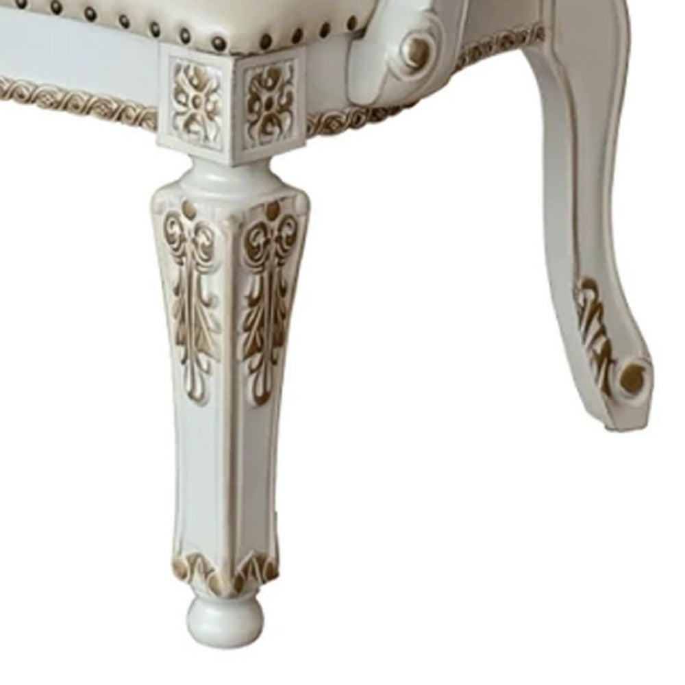 Benjara 27 Inch Classic Vegan Leather Armchair, Button Tufted, Carved, White