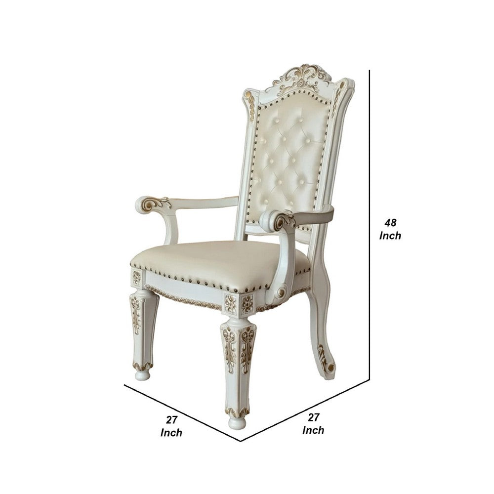 Benjara 27 Inch Classic Vegan Leather Armchair, Button Tufted, Carved, White