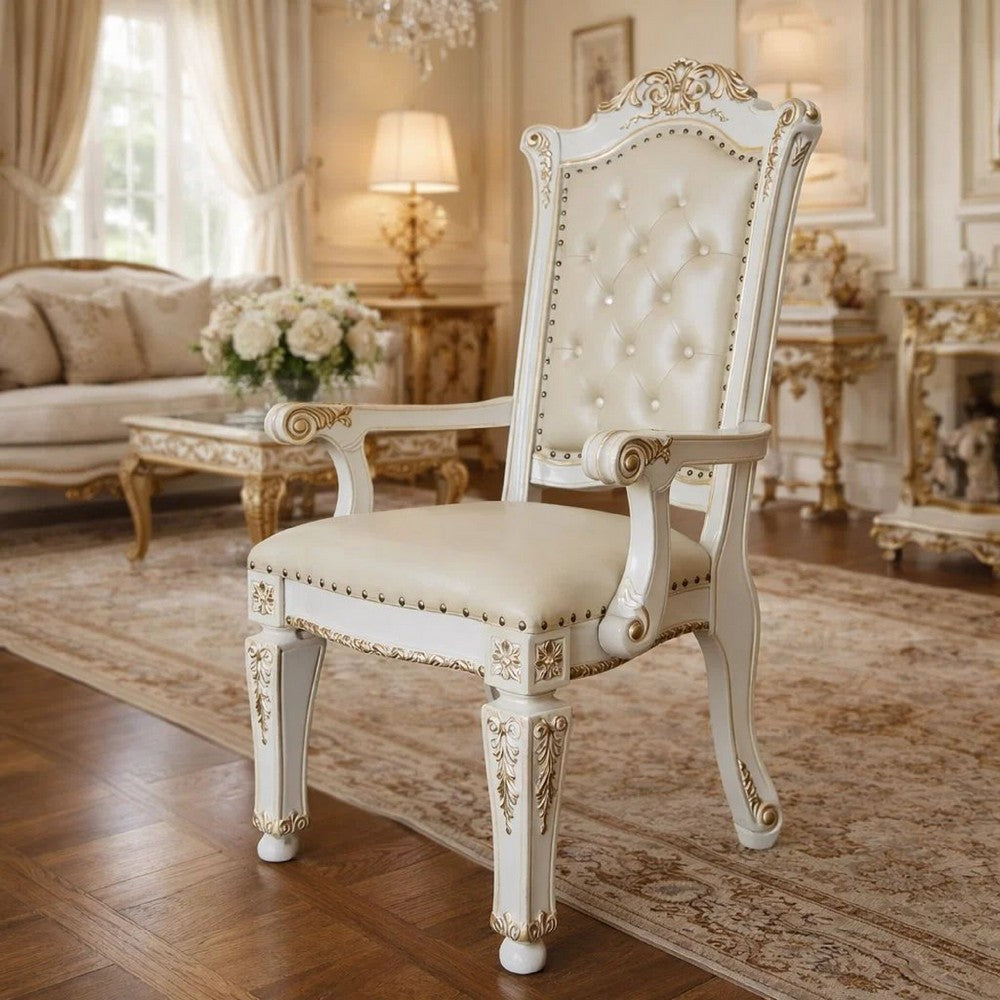 Benjara 27 Inch Classic Vegan Leather Armchair, Button Tufted, Carved, White