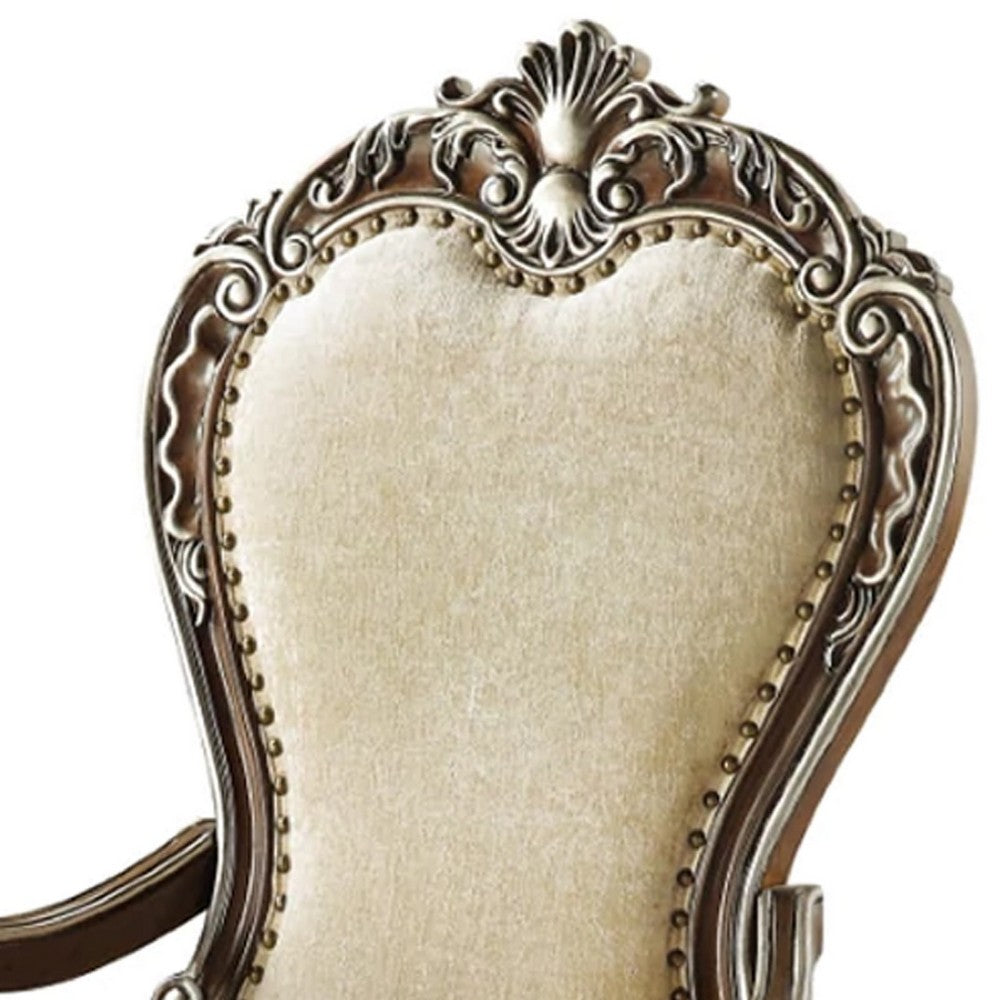 Benjara 24 Inch Classic Upholstered Armchair, Scrolled Details, Nailhead, Brown