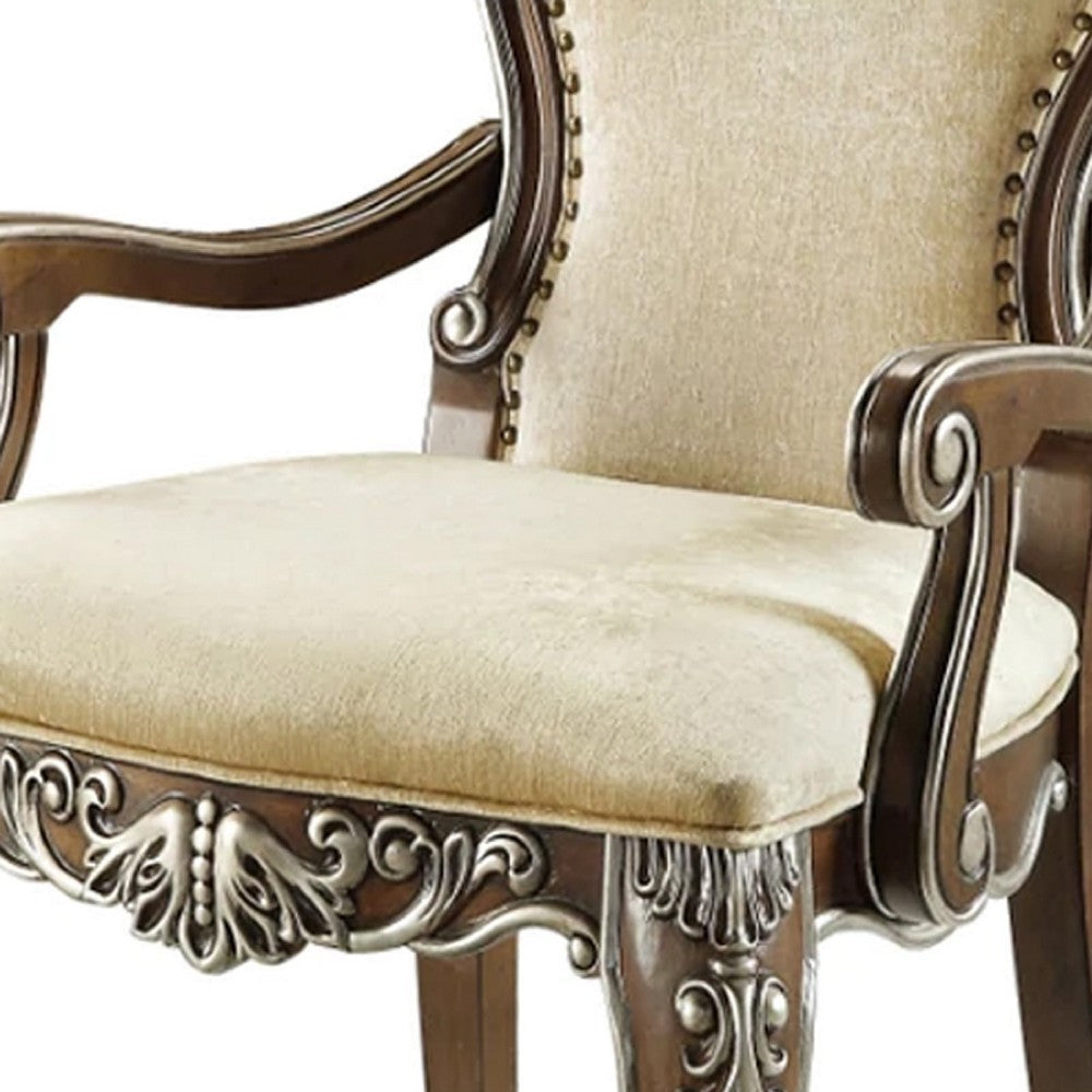 Benjara 24 Inch Classic Upholstered Armchair, Scrolled Details, Nailhead, Brown