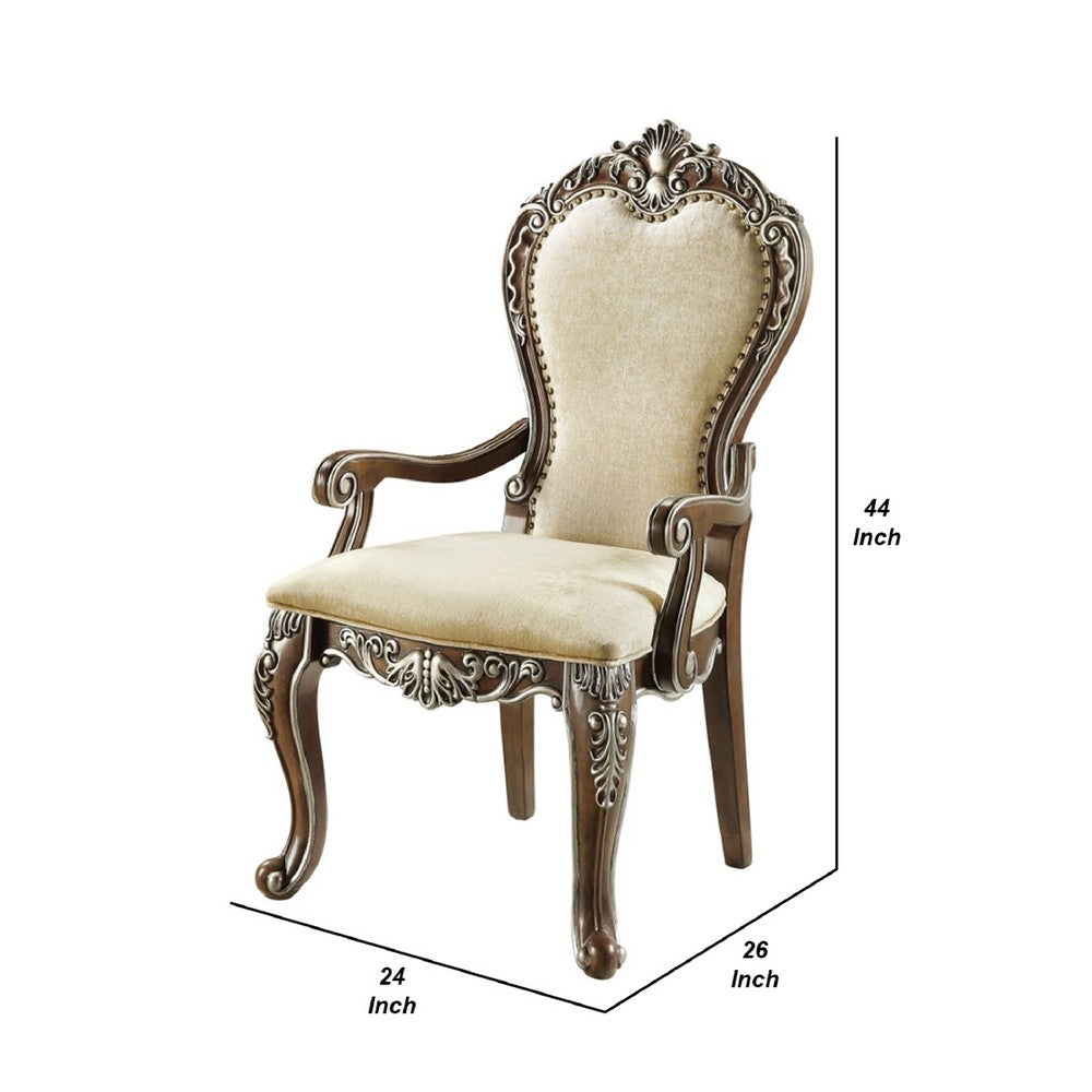 Benjara 24 Inch Classic Upholstered Armchair, Scrolled Details, Nailhead, Brown