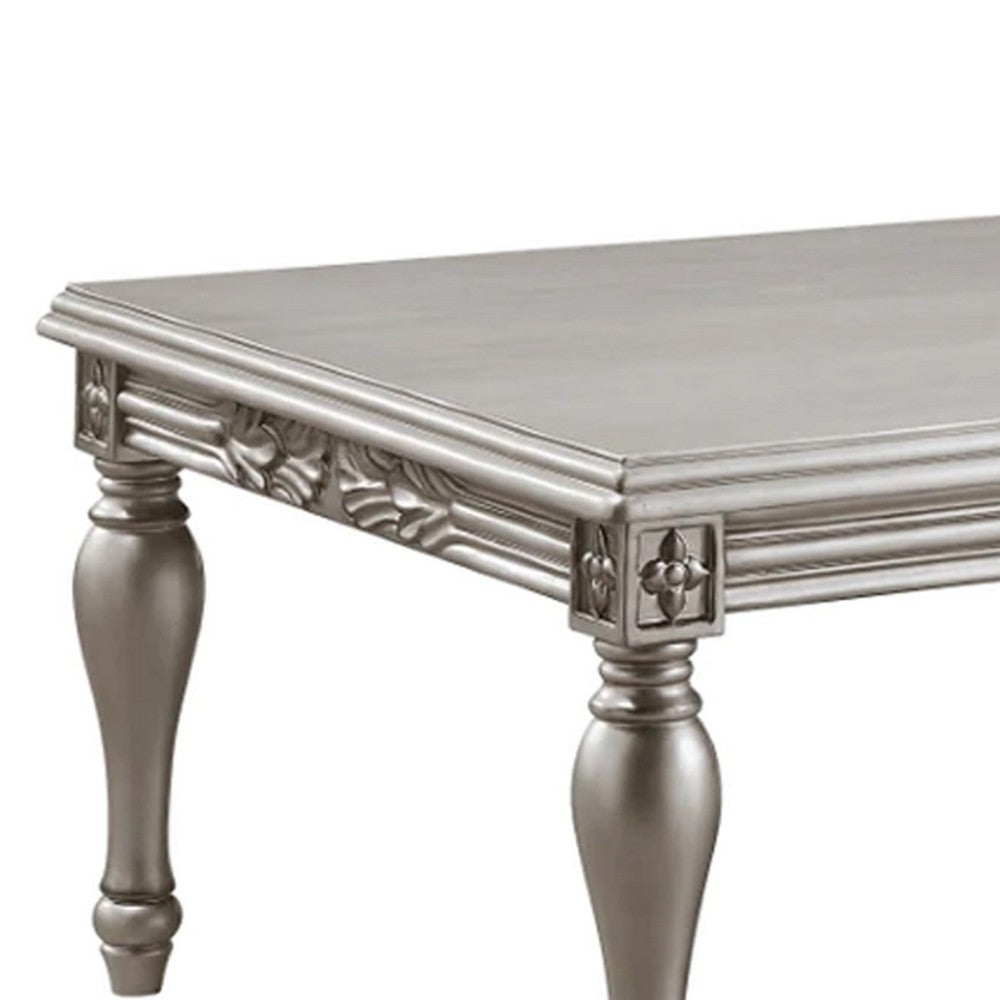 Benjara Sto 59 Inch Classic Coffee Table, Floral Trim, Turned Legs, Wood, Silver