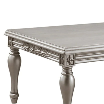 Benjara Sto 59 Inch Classic Coffee Table, Floral Trim, Turned Legs, Wood, Silver