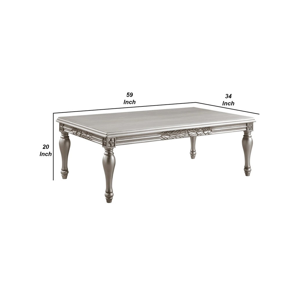 Benjara Sto 59 Inch Classic Coffee Table, Floral Trim, Turned Legs, Wood, Silver