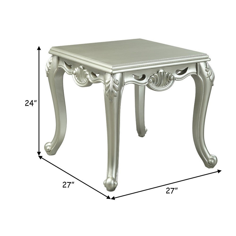 Benjara Usm 27 Inch Classic End Table, Floral Trim Cabriole, Wood, Champagne