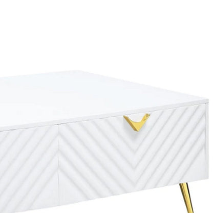 Benjara Tyra 53 Inch Modern Coffee Table, 2 Drawers, Metal Handles, White, Gold