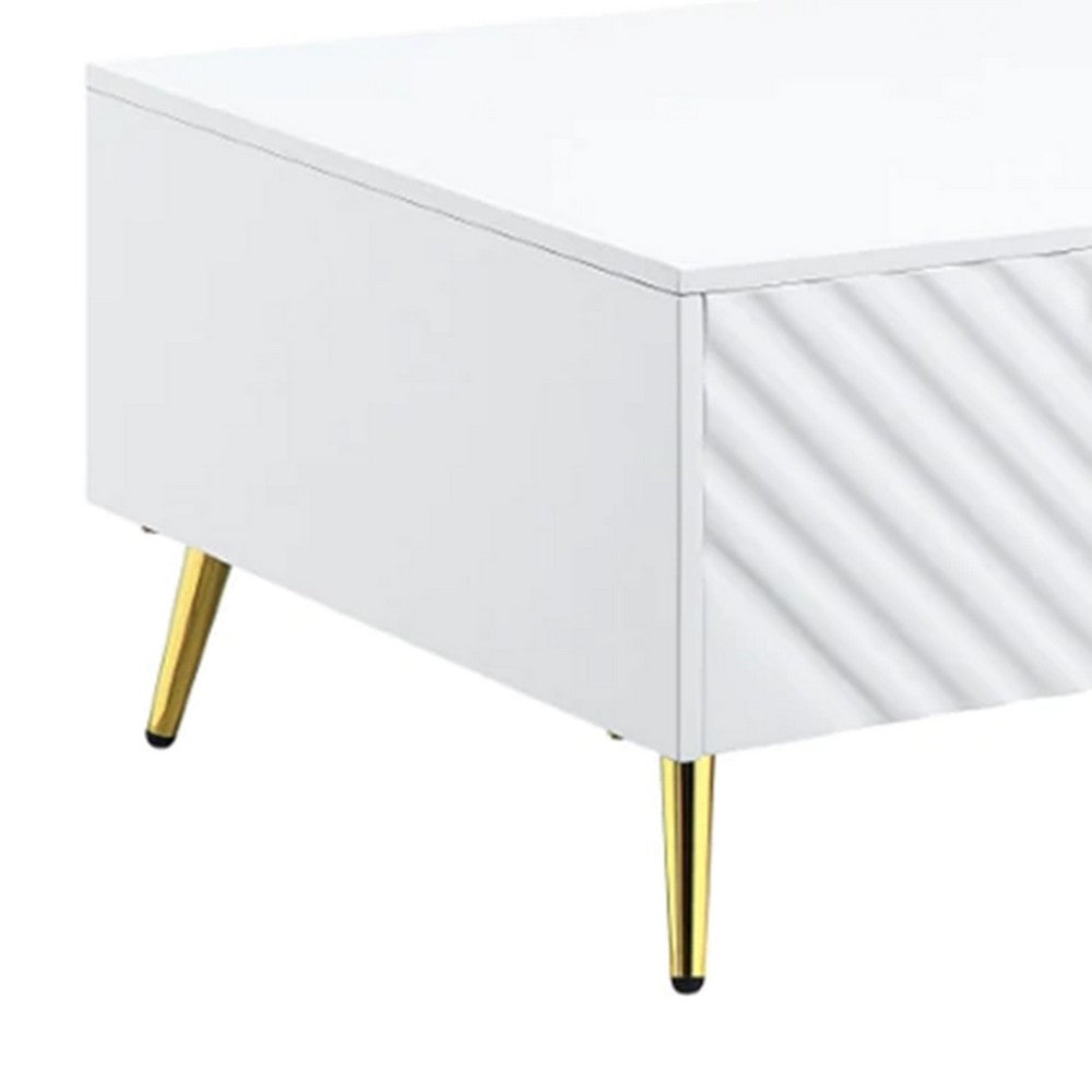 Benjara Tyra 53 Inch Modern Coffee Table, 2 Drawers, Metal Handles, White, Gold