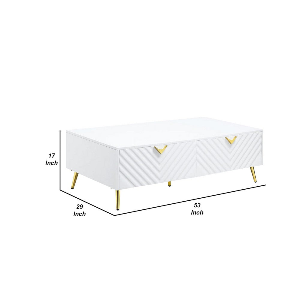 Benjara Tyra 53 Inch Modern Coffee Table, 2 Drawers, Metal Handles, White, Gold