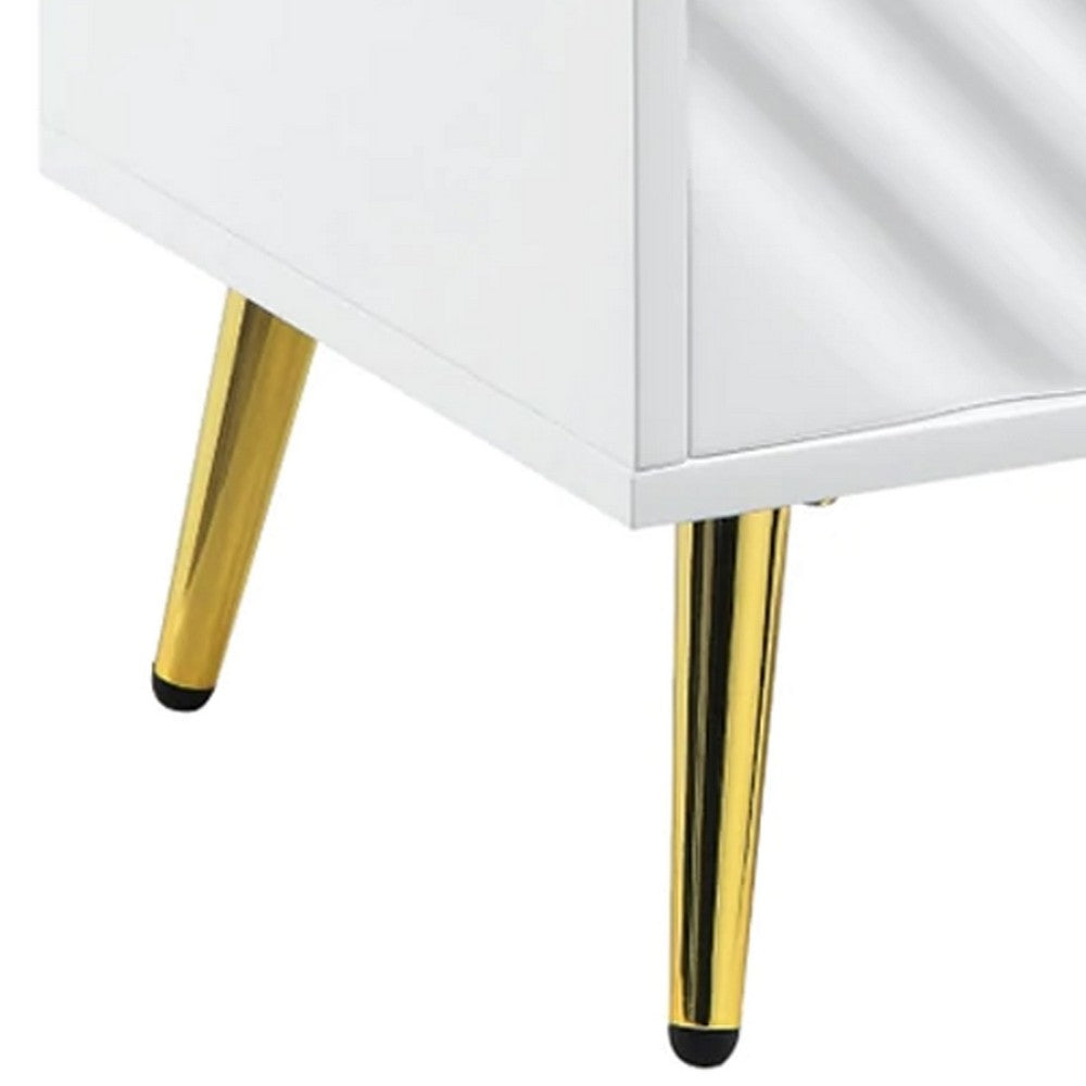 Benjara Tyra 22 Inch Wood End Table with Open Space, Wave Pattern, White, Gold