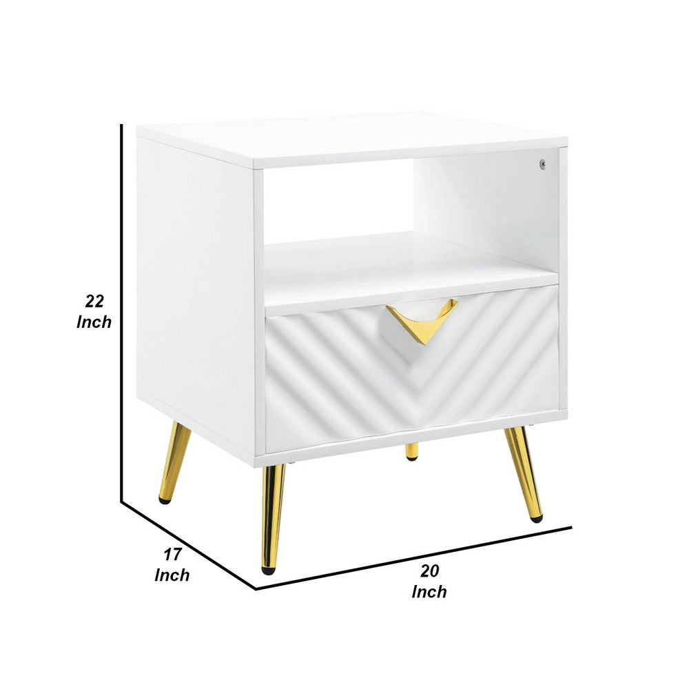 Benjara Tyra 22 Inch Wood End Table with Open Space, Wave Pattern, White, Gold