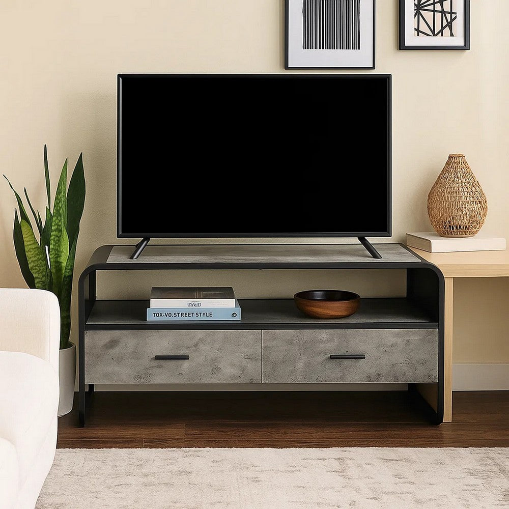 Benjara Ish 39 Inch Entertainment Center TV Stand, 2 Drawers, Wood, Gray, Black
