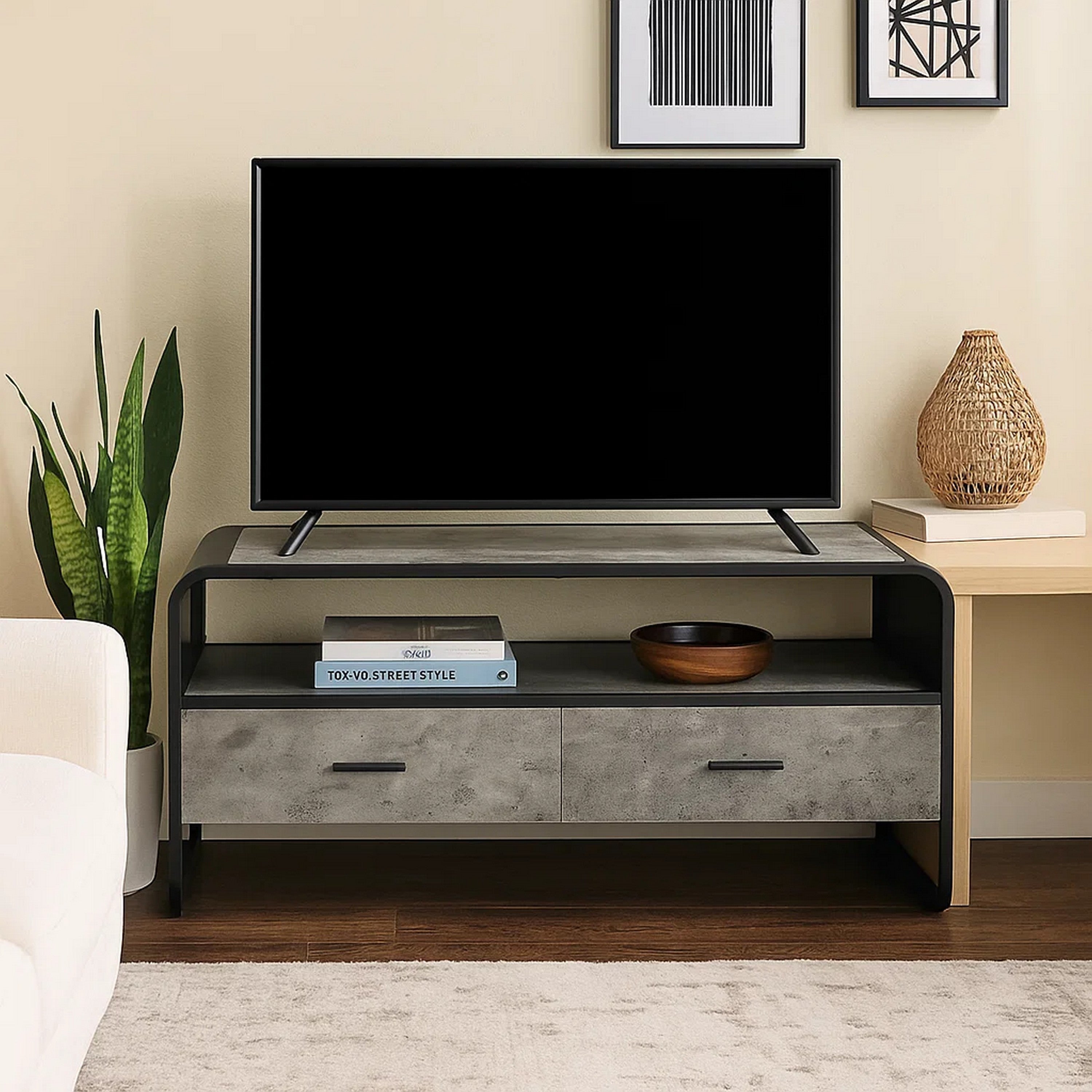 Benjara Ish 39 Inch Entertainment Center TV Stand, 2 Drawers, Wood, Gray, Black