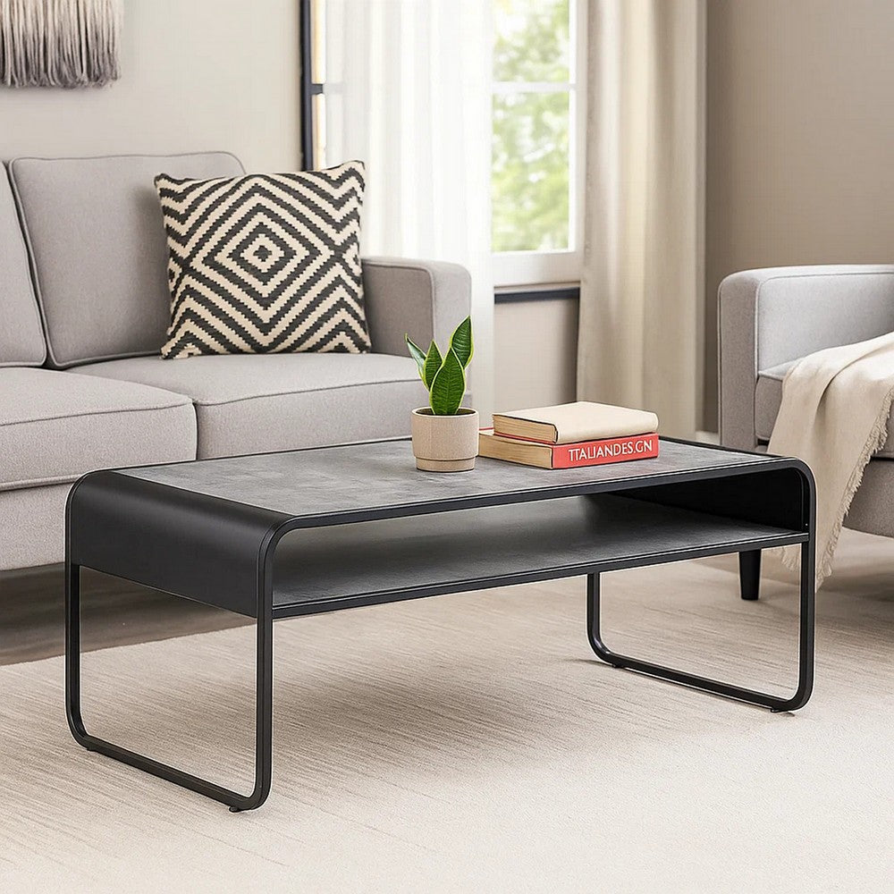 Benjara Ish 42 Inch Modern Coffee Table with Curved Edge Design, Wood, Gray, Black
