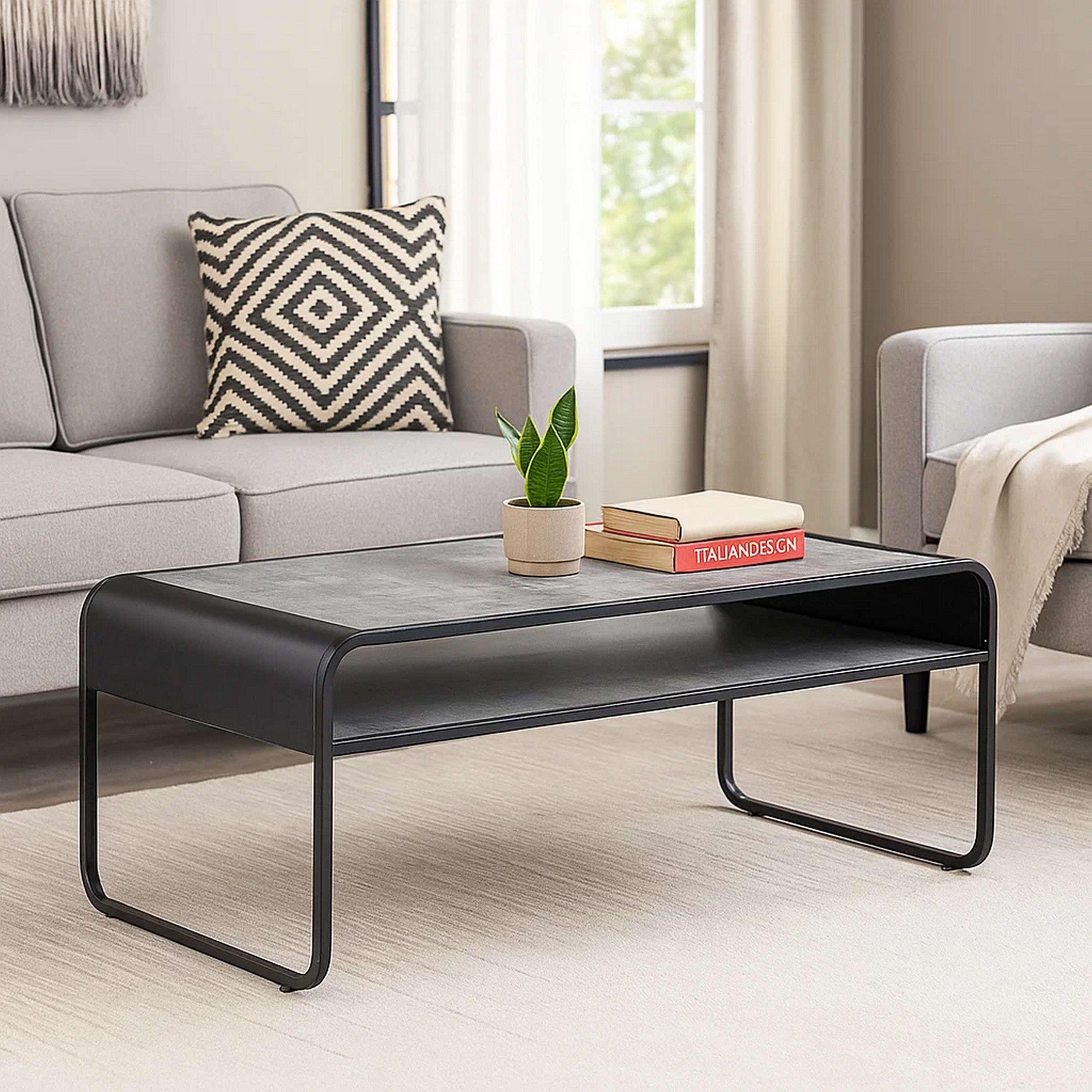Benjara Ish 42 Inch Modern Coffee Table with Curved Edge Design, Wood, Gray, Black