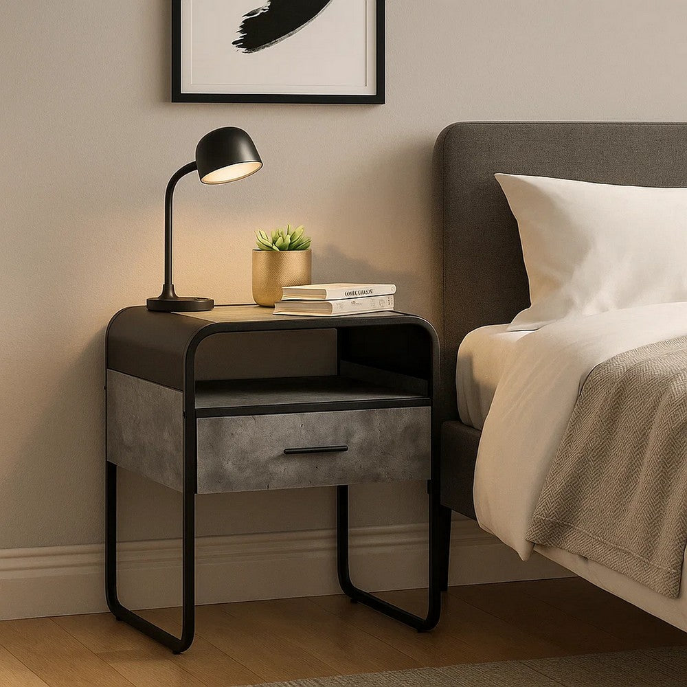 Benjara Ish 22 Inch Modern Wood End Table, 1 Drawer, Metal Handles, Gray , Black