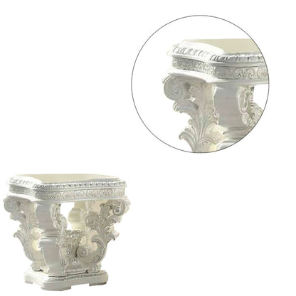 Benjara Kin 29 Inch Wood End Table, Raised Scrolled Pedestal, Ornate Motif, White