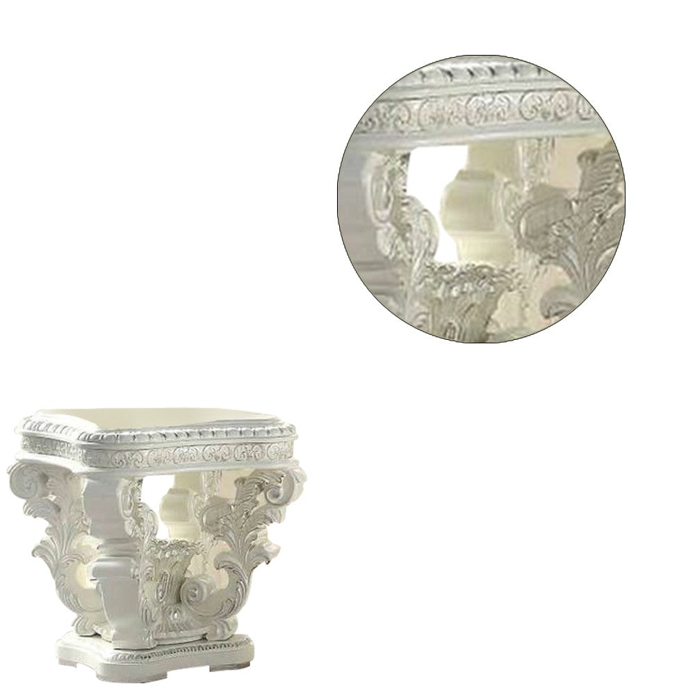 Benjara Kin 29 Inch Wood End Table, Raised Scrolled Pedestal, Ornate Motif, White