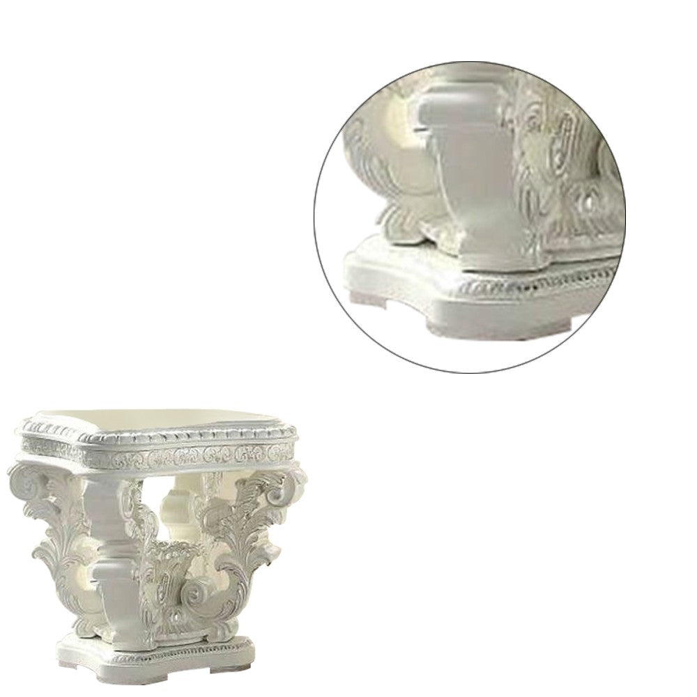 Benjara Kin 29 Inch Wood End Table, Raised Scrolled Pedestal, Ornate Motif, White