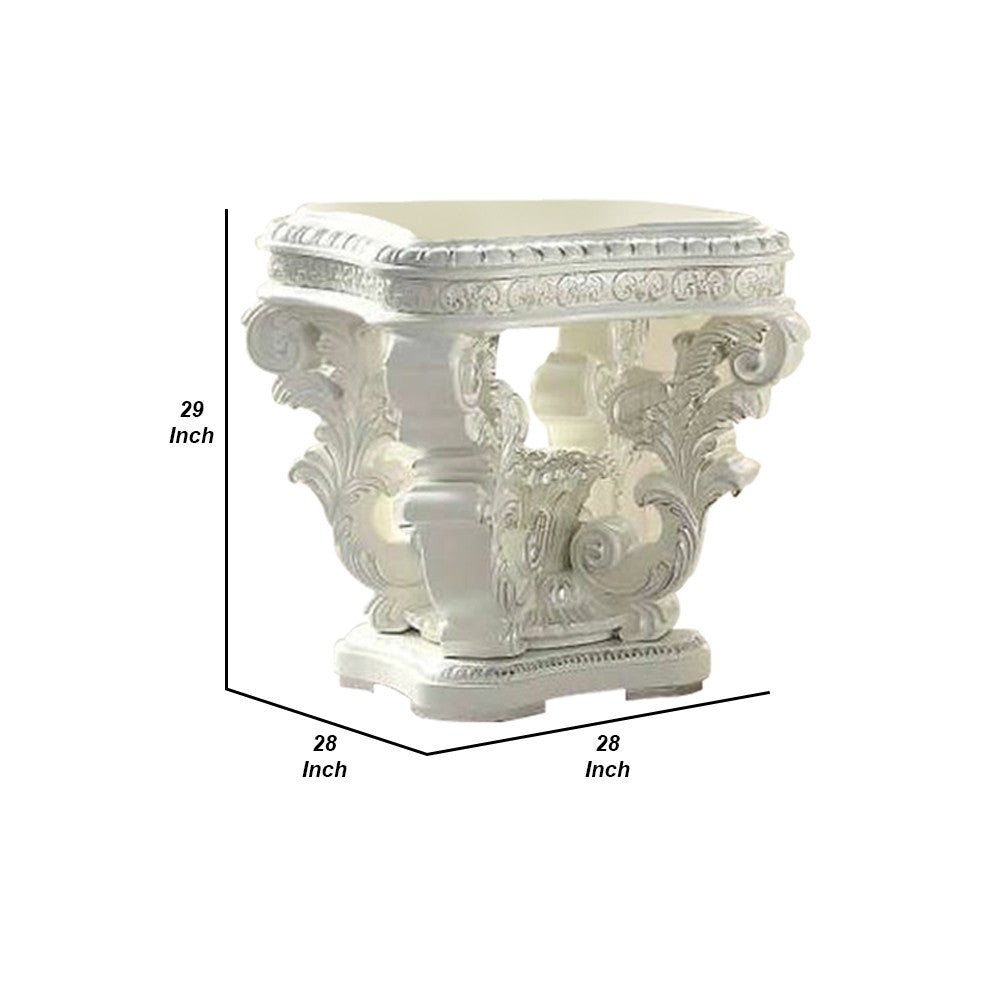 Benjara Kin 29 Inch Wood End Table, Raised Scrolled Pedestal, Ornate Motif, White