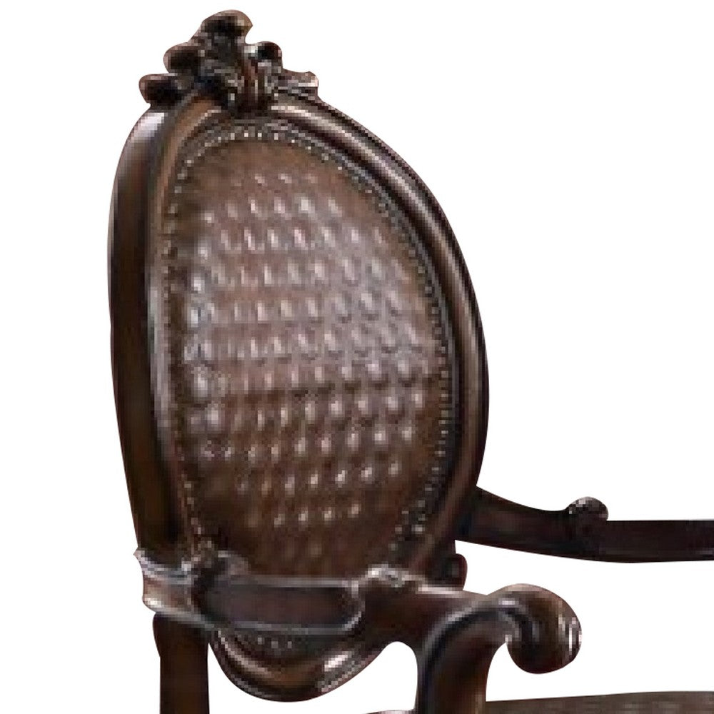 Benjara Kai 26 Inch Solid Wood Carved Armchair, Rolled Arms, Vegan Leather, Cherry