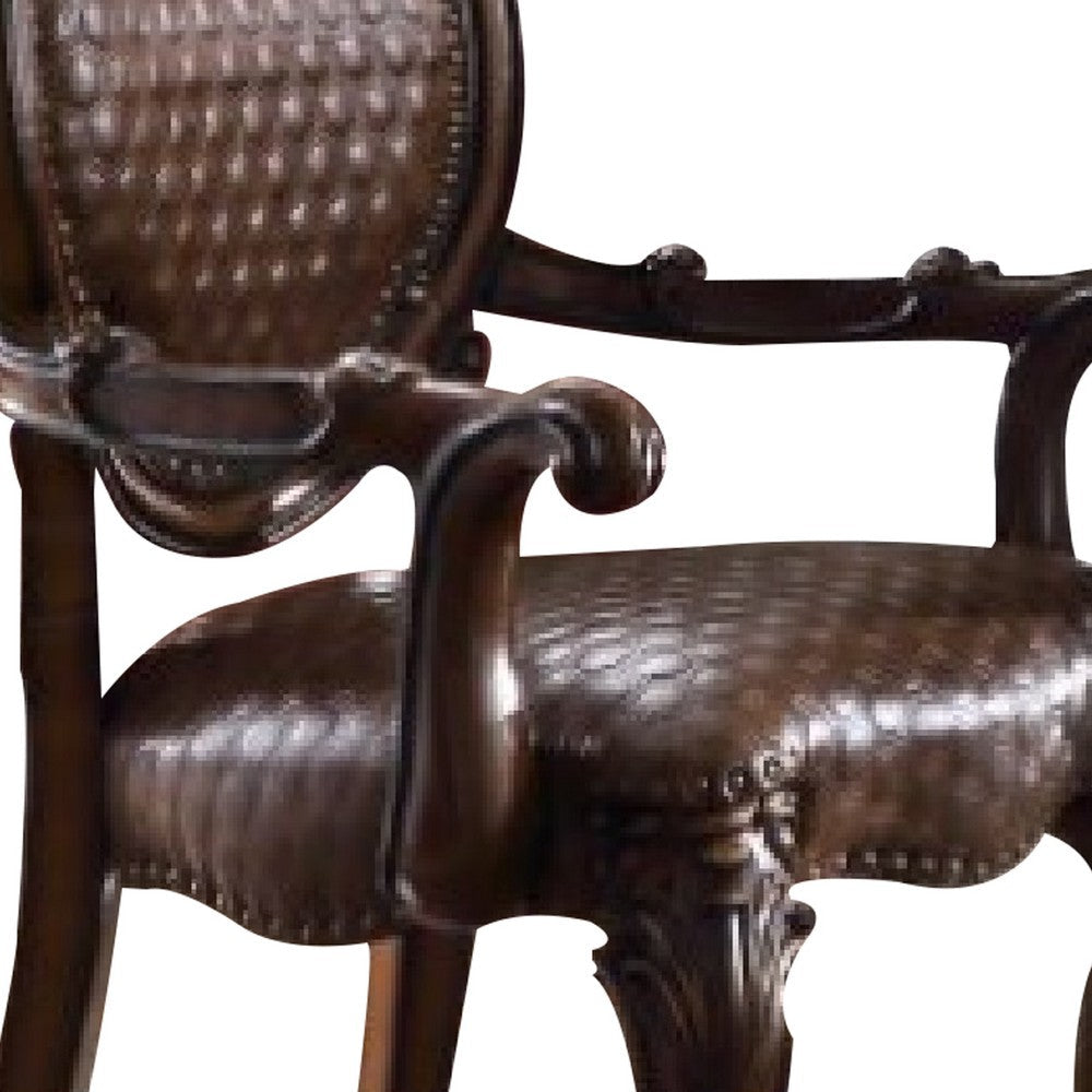 Benjara Kai 26 Inch Solid Wood Carved Armchair, Rolled Arms, Vegan Leather, Cherry