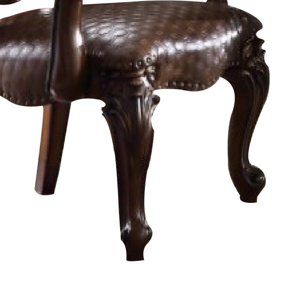 Benjara Kai 26 Inch Solid Wood Carved Armchair, Rolled Arms, Vegan Leather, Cherry