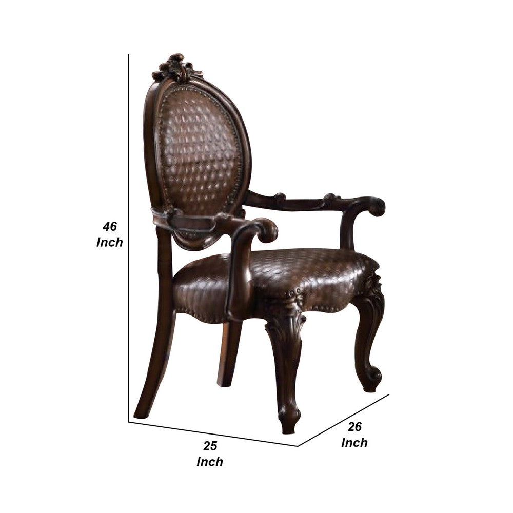 Benjara Kai 26 Inch Solid Wood Carved Armchair, Rolled Arms, Vegan Leather, Cherry
