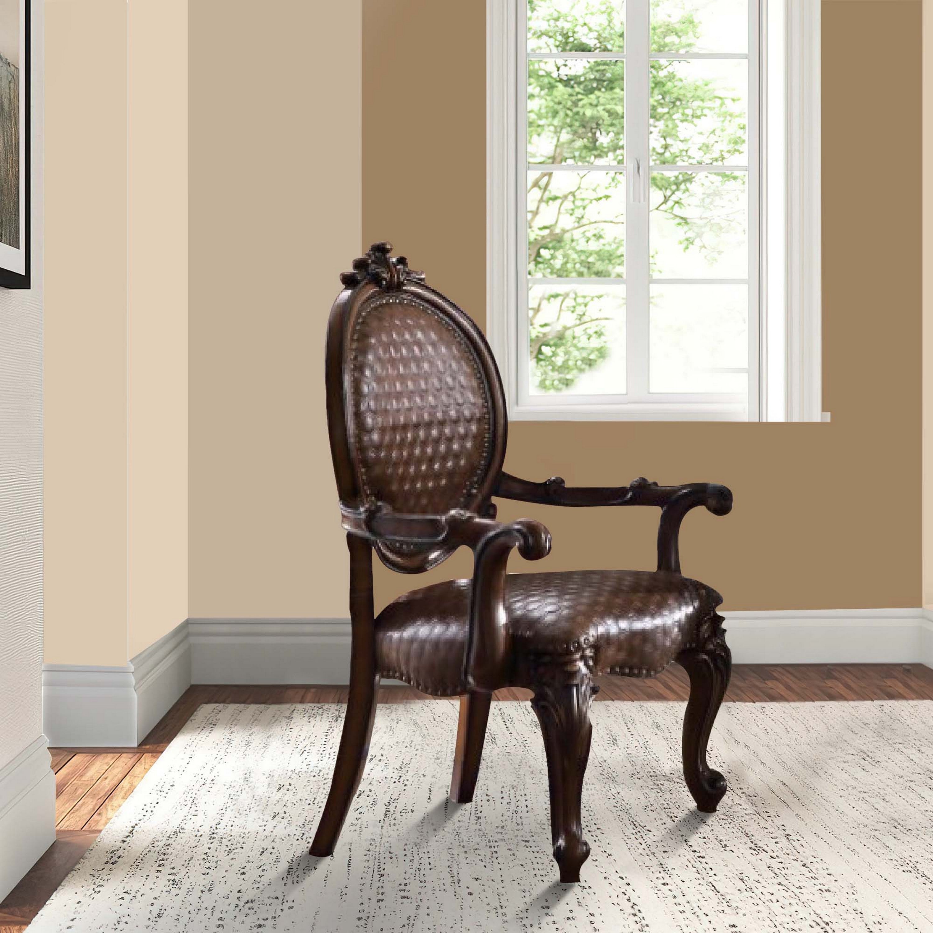 Benjara Kai 26 Inch Solid Wood Carved Armchair, Rolled Arms, Vegan Leather, Cherry