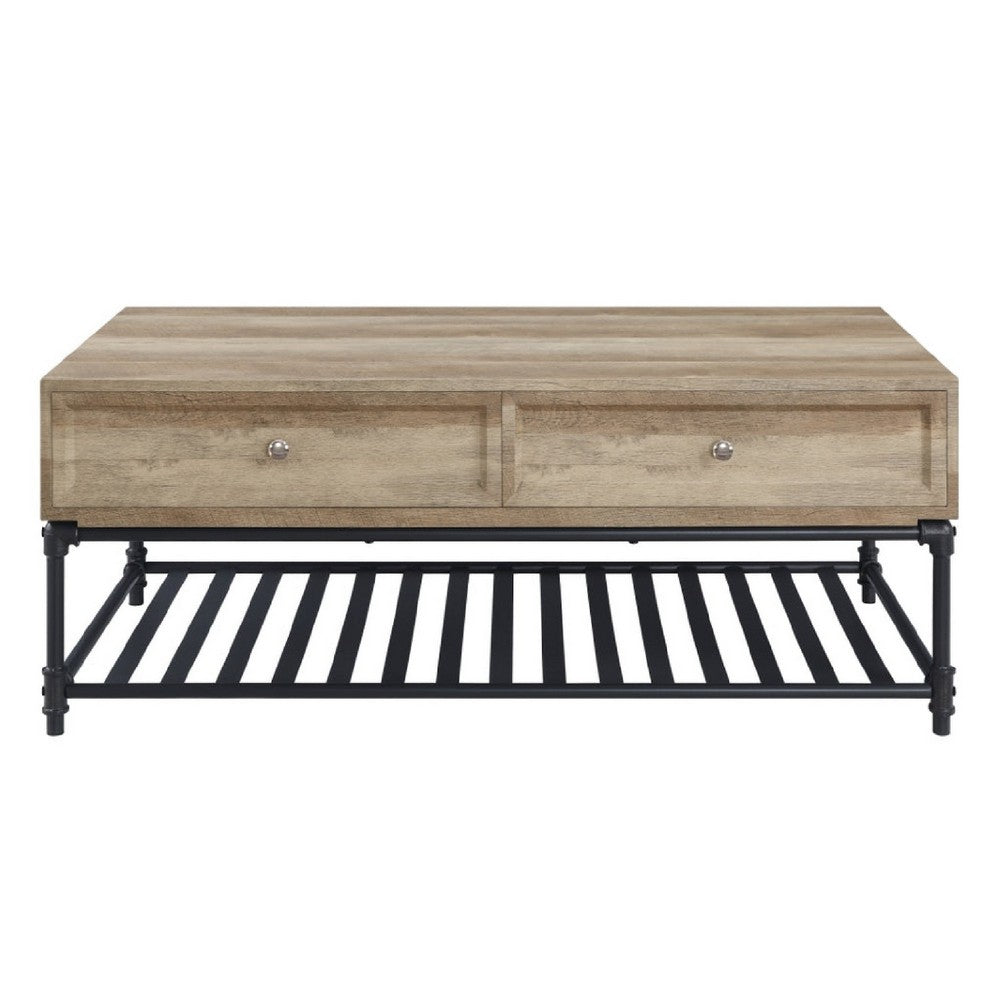 Benjara Ley 47 Inch Coffee Table, 2 Drawers, Industrial Design, Slatted Shelf, Oak
