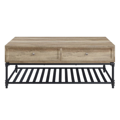 Benjara Ley 47 Inch Coffee Table, 2 Drawers, Industrial Design, Slatted Shelf, Oak