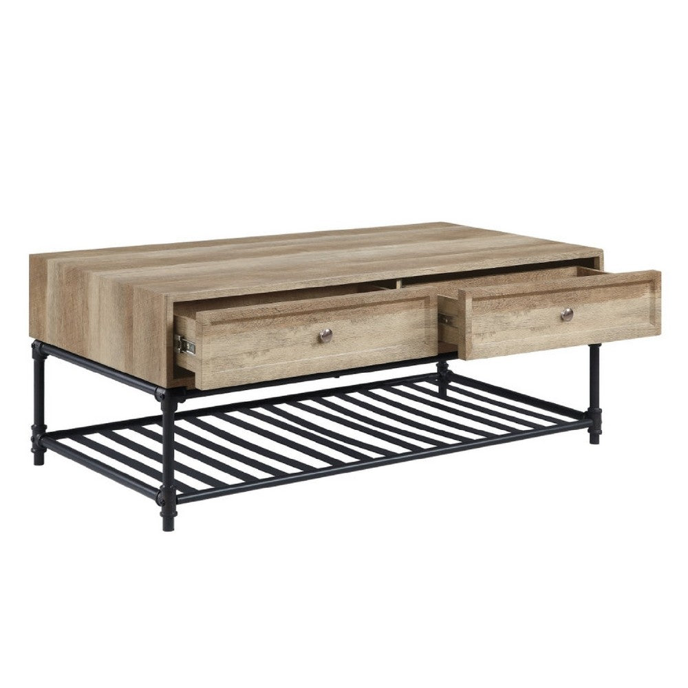 Benjara Ley 47 Inch Coffee Table, 2 Drawers, Industrial Design, Slatted Shelf, Oak